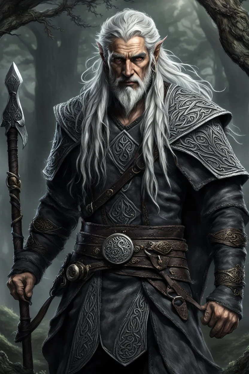 ancient grizzled, gnarled elf vagabond wanderer, long, grey hair streaked with black, highly detailed facial features, sharp cheekbones. His eyes are black. He wears weathered roughspun Celtic clothes. he is lean and tall, with pale skin, full body , thigh high leather boots and has a dark malevolent aura within swirling maelstrom of ethereal chaos in the comic book style of Bill Sienkiewicz and Jean Giraud Moebius in ink wash and watercolor, realistic dramatic natural lighting