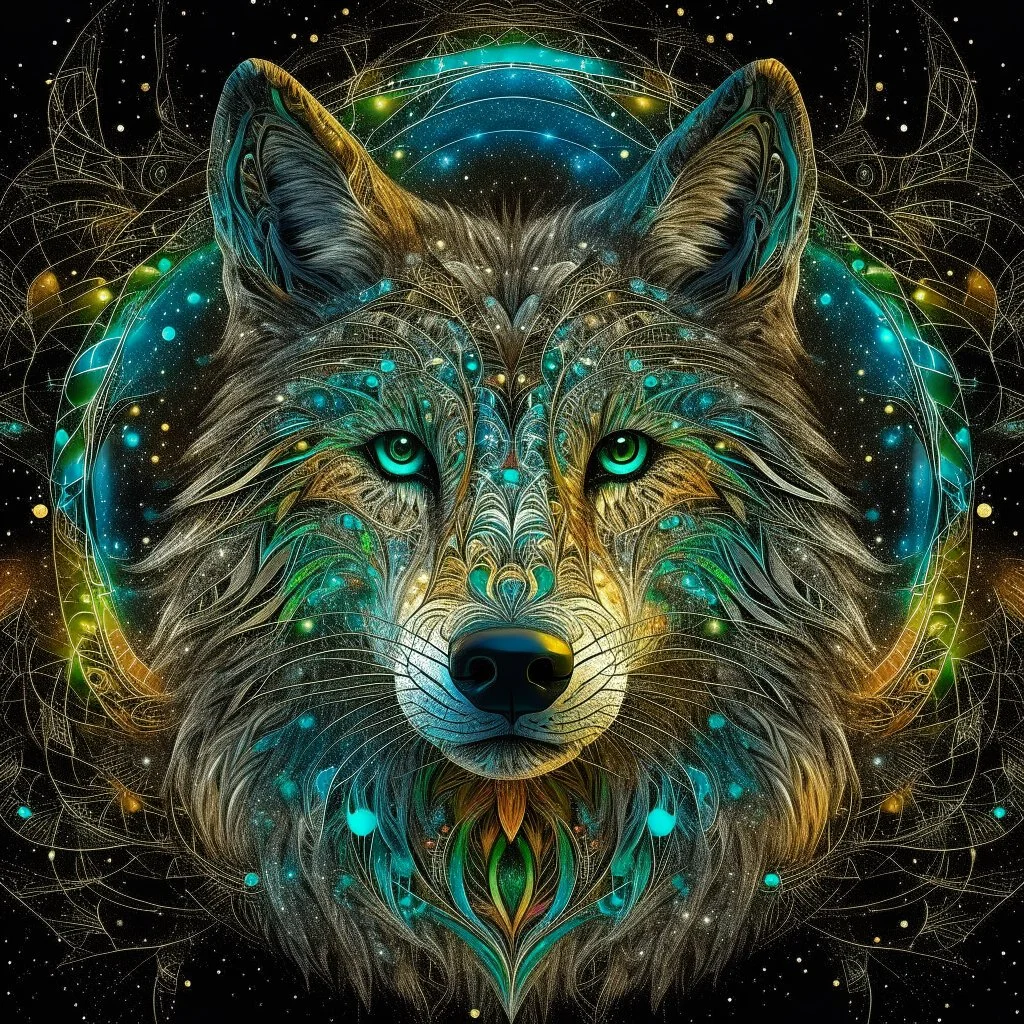 Image of a wolf made up of thousands of very thin glowing lines.Wolf is looking straight at the camera , Symmetrical image, Background is a colorful flowy swirls, golden lines, 3D, alcohol ink effects, sprinkle glitter, pearls, beads. Placed in a glass ball..