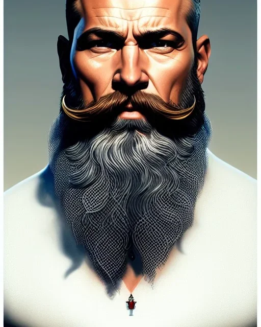 "MIddle aged white human male, with a trimmed but uneven beard, piercing eyes with slick back hair, full-scale head and shoulders portrait, 8k resolution concept art portrait by Greg Rutkowski, Artgerm, WLOP, Alphonse Mucha dynamic lighting hyperdetailed intricately detailed Splash art trending on Artstation triadic colors Unreal Engine 5 volumetric lighting Splash art fantasy"