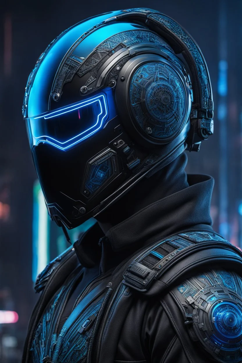 Someone wears a black glass Cyberpunk helmet , full helmet cover , Changshan, black and blue color, cyberpunk drawing style, neon, full body, intricate details, highly detailed, high details, detailed portrait, masterpiece,ultra detailed, ultra quality