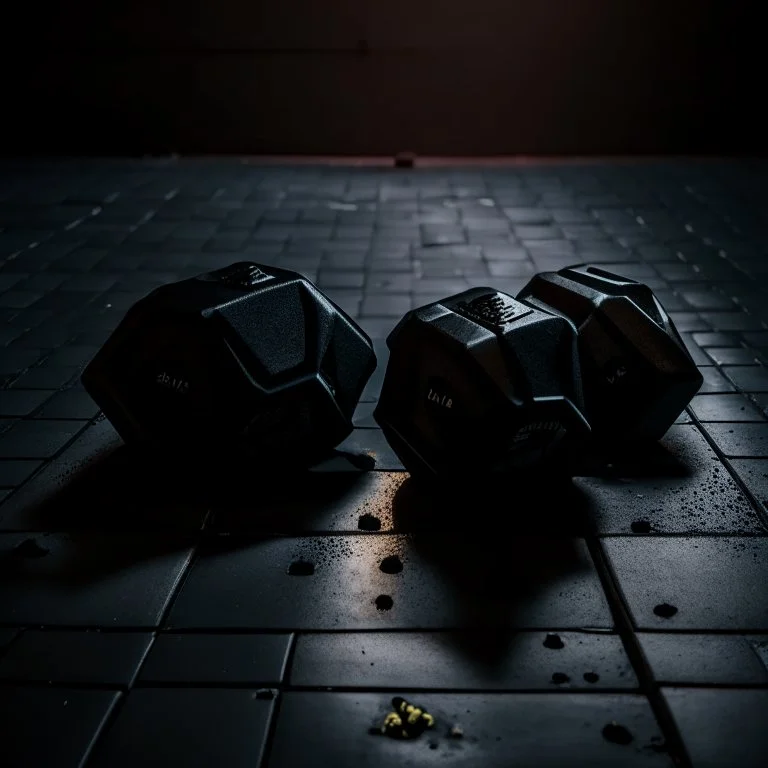 Hexagon dumbbells pair of two, each 12.5KG. Inside a dark and moody gym on the black rubber tile floor. Bird perspective on the dumbbells laying on the floor.