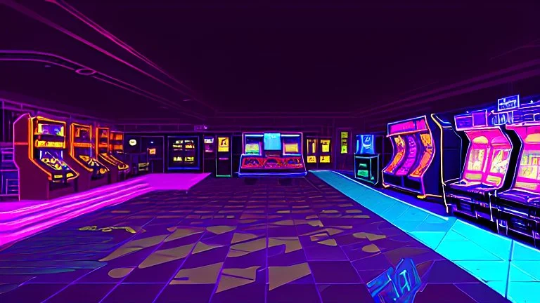 A dark photo of the corners of an 80's aesthetics arcade at night, with a lot of functioning arcade machines, a vaporwave floor and some colorful tiles in between the floor. Purple aesthetics.