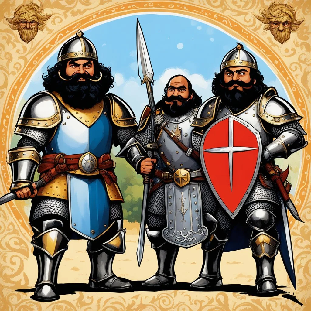 Cheech and Chong with beard and moustache are funny paladin knights with bright plate armours, shield and swords