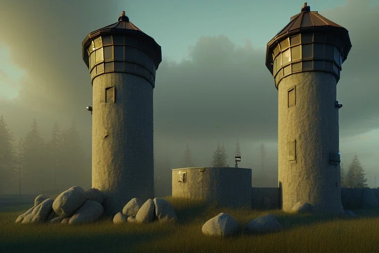 prison guard tower, plains , day time , unity, scriptable render pipeline , lighting , volumetric , global illumination, fog ,blue emission , purple tone.