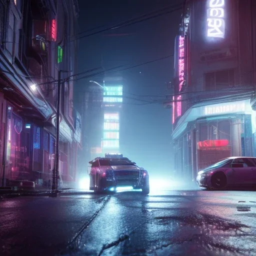 Cyberpunk,police car in night city on the rain unreal engine 5, octane render,cinema4d, dynamic lighting, 8k, redshift render, highly, hyperrealism ultra realistic, hyper realistic.