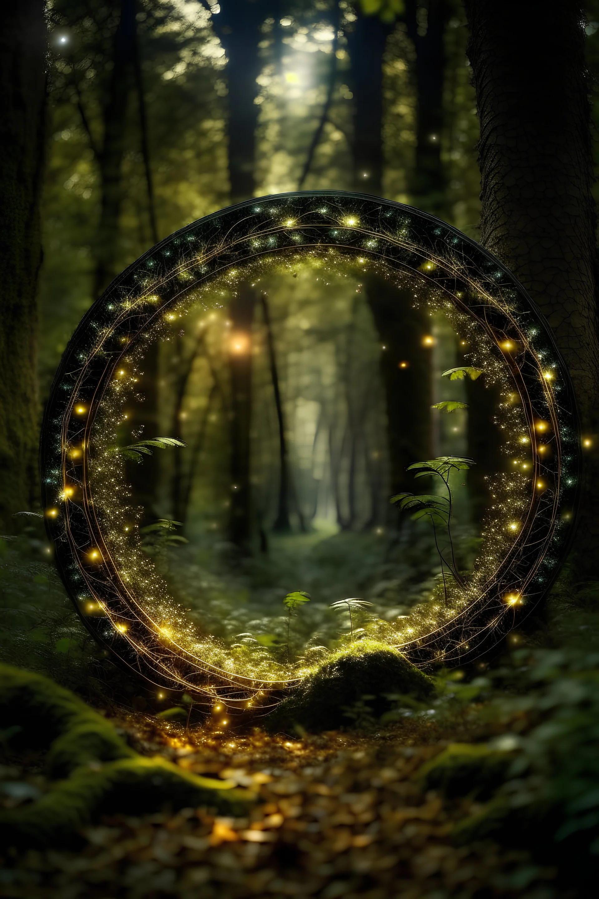 picture of a magical forest sparkling with light, inside a round frame,shot on Hasselblad h6d-400c, zeiss prime lens, bokeh like f/0.8, tilt-shift lens 8k, high detail, smooth render, down-light, unreal engine, prize winning