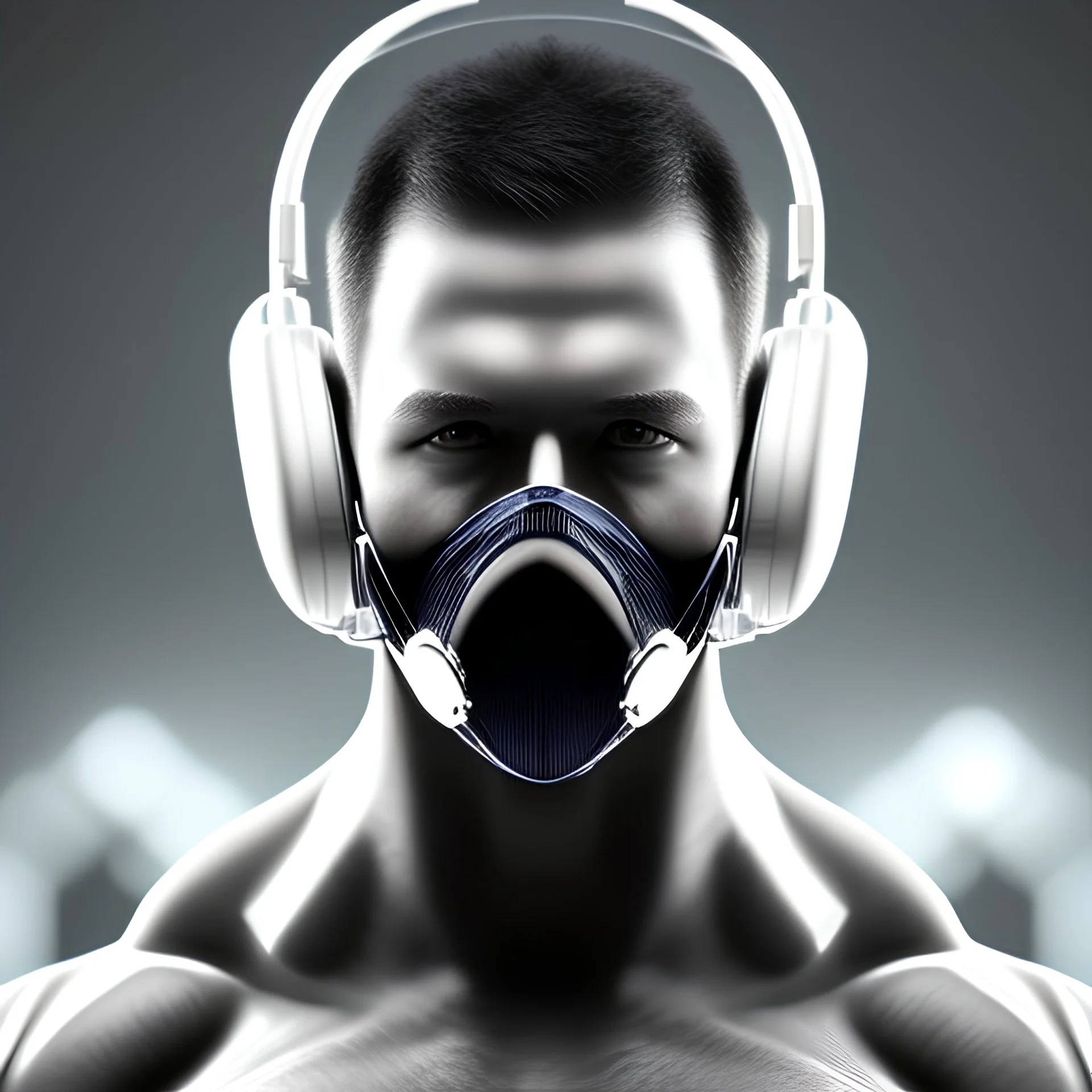 Man, realistic, muscular, front face, mask face, headphones, gym