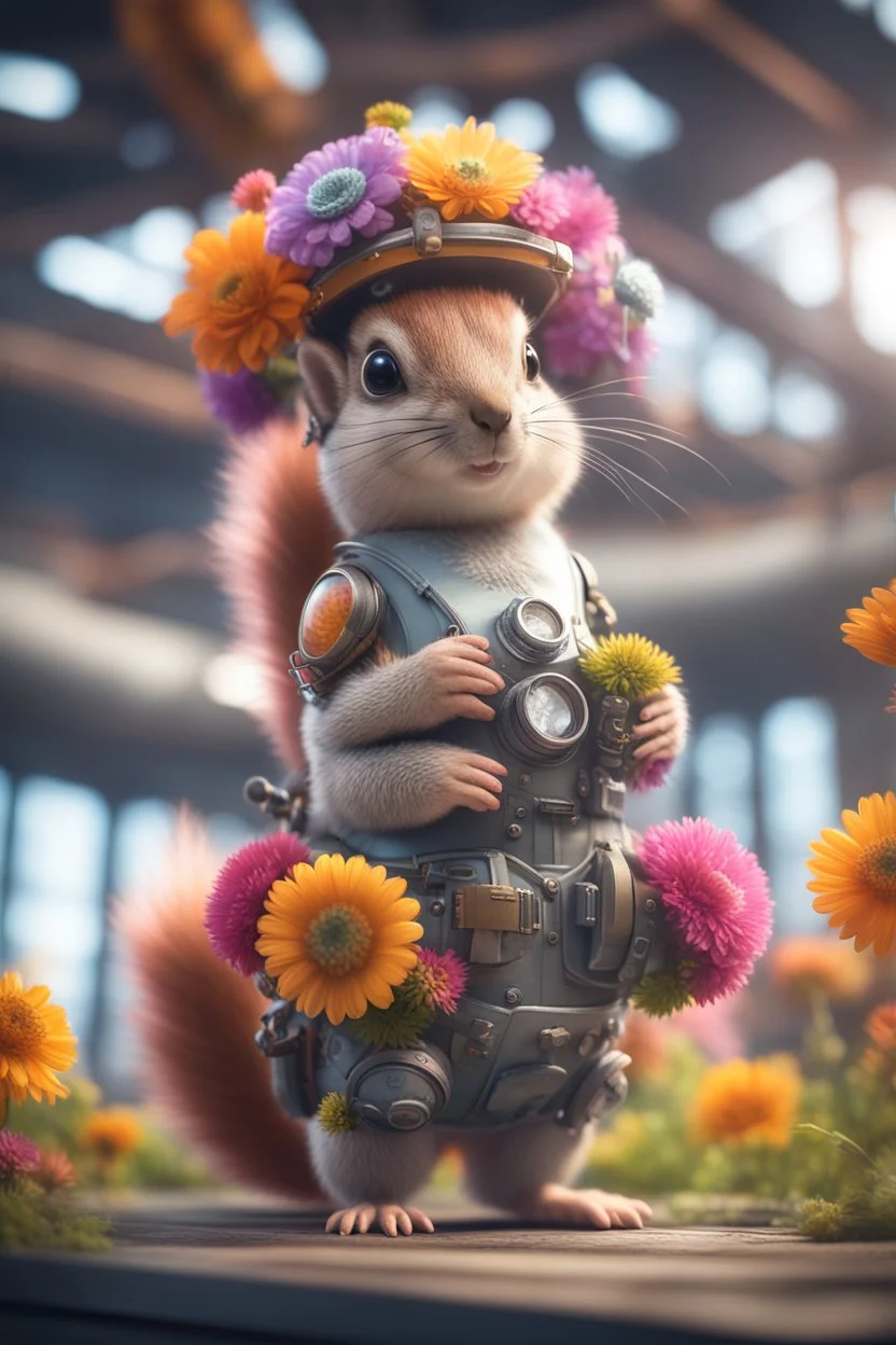 plexi glass tower, portrait of a cute fluffy wolly squirrel with roman helmet gear in an air ship hangar holding weird flowers in the style of pixar, on a strange planet with weird colors and wind turbines, bokeh like f/0.8, tilt-shift lens 8k, high detail, smooth render, down-light, unreal engine, prize winning