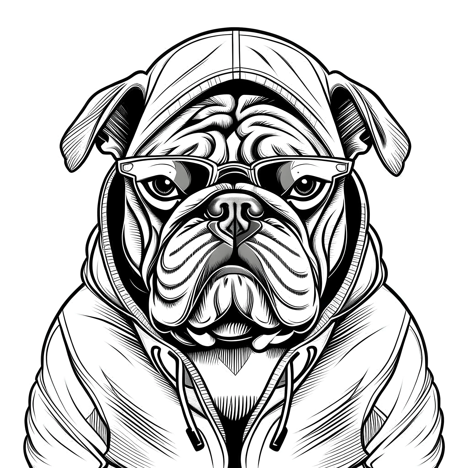 line art drawing of a bulldog wearing a hoodie with sun glasses. The hoodie has the outline shape of a bulldog. black and white, no background