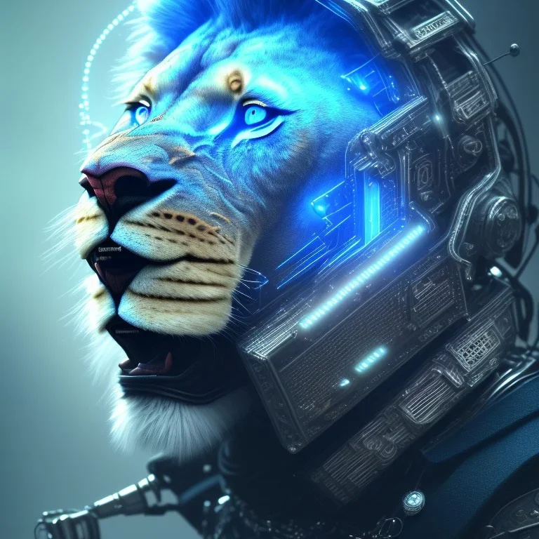 a lion face made with cyber punk elements, blue diamonds and cables from his head to body wearing a medieval helmet, high detail, photo, kybernetic, 8k, ray-tracing