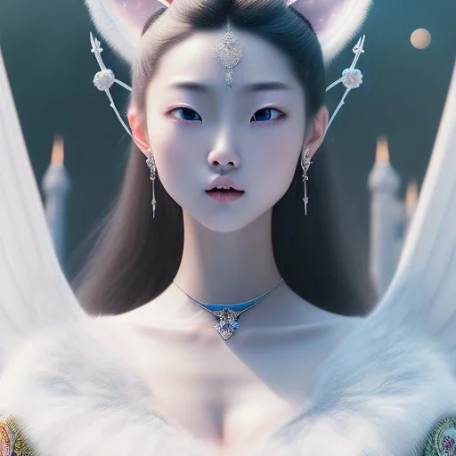 smooth hyper realistic, beautiful Japanese goddess, pale colors, dark cosmos background, cat еye, extremely sharp detail, finely tuned detail, ultra high definition, 8 k, unreal engine 5, ultra sharp focus, accurate sword wings, positive smile, lot of details, fit within portrait, Ambiance winter, perfect composition, perfect hair, perfect hands, finger up gestures