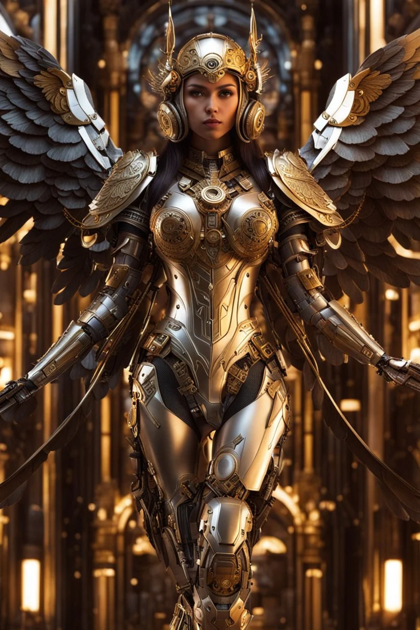 Photo Full body Lady Angel cyborg straddle wings, using traditional armor,detailed, intricate,gears cogs cables wires circuits, gold silver chrome copper,abstract background