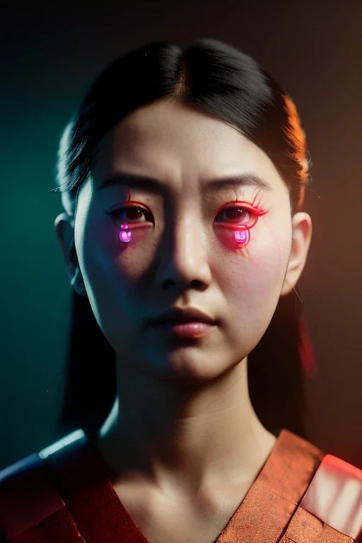 Studio photo portrait, Asian woman samurai, cyberpunk,red, white, black, led wires, glow eyes, cinematic, Ultra realistic, wide angle view, soft color, highly detailed, unreal engine 5, RTX, ultra detail, 3d, finely drawn, high definition.