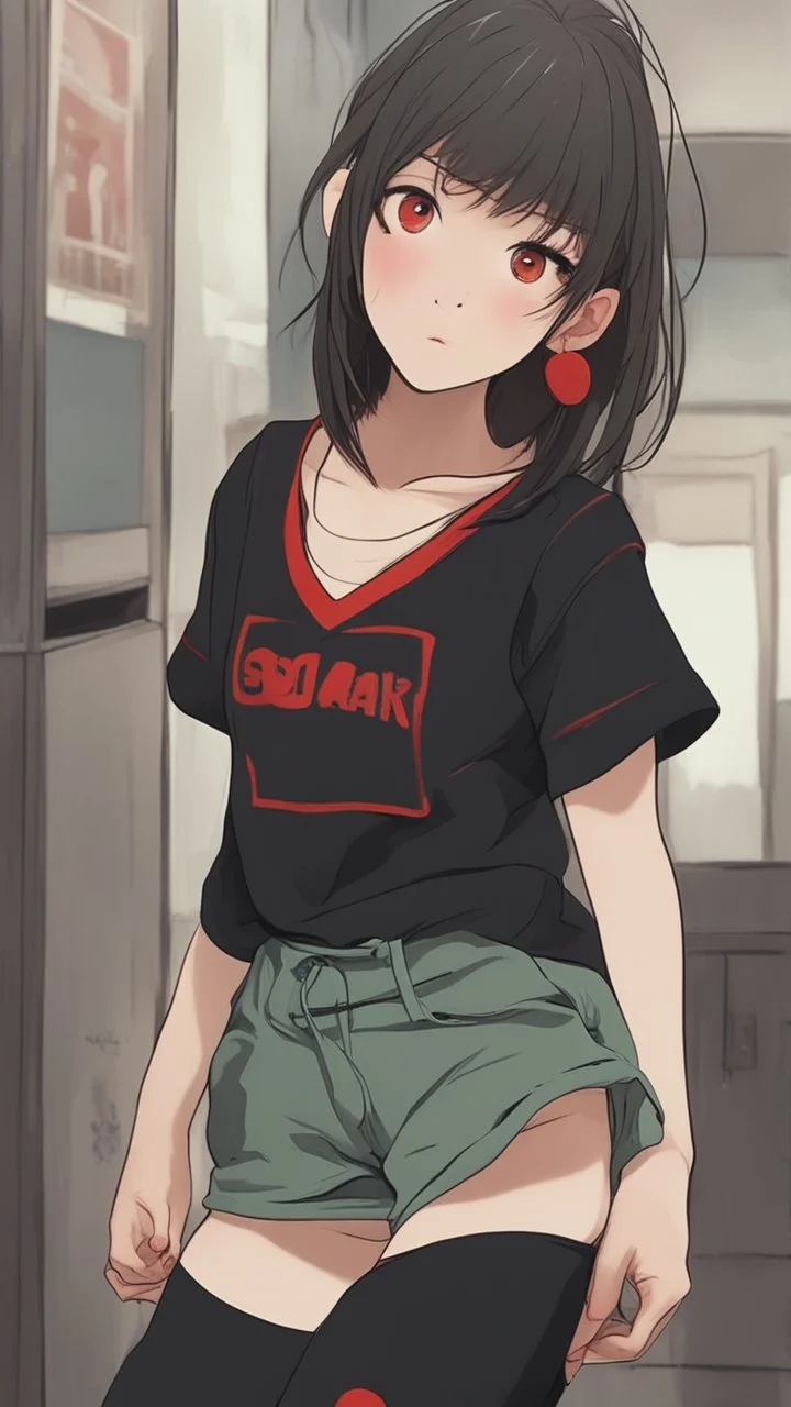 generate a full-length girl with gray-green sad eyes, with dark hair above the shoulders, a round face, not very plump lips, in a black T-shirt with a red print, short shorts, blue socks