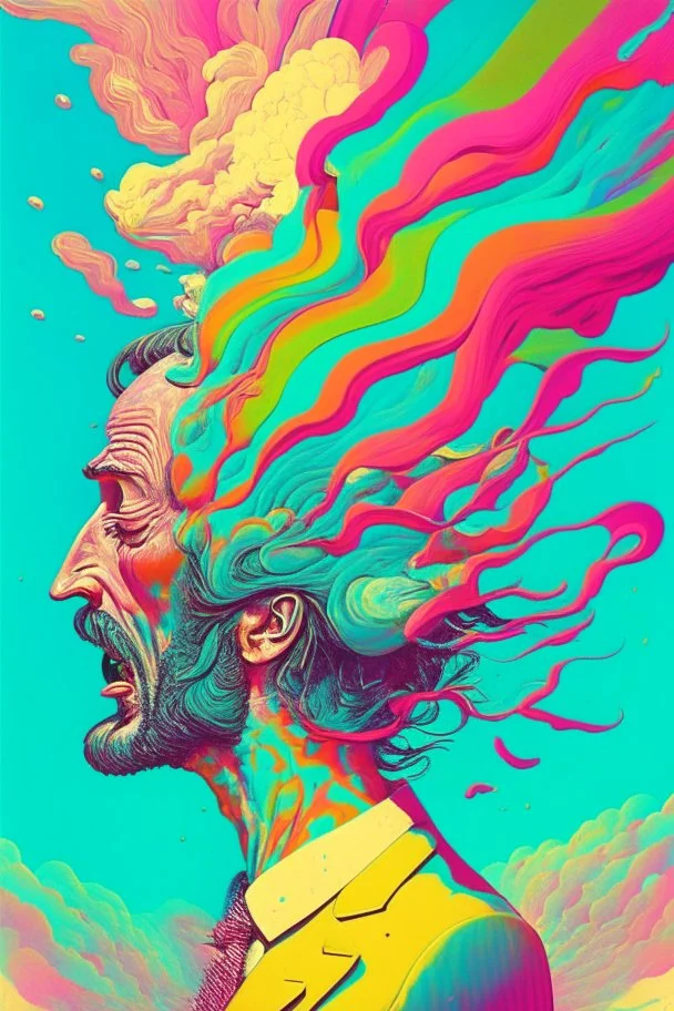 Man whose head is evaporating into the wind; Pop Art; Surrealism; Salvador Dali, Alex Pardee, Insanely Detailed; Intricate; Award-Winning; Bright Pastels