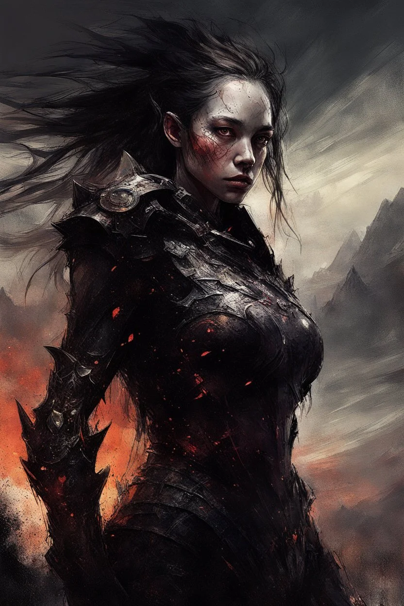 A formidable warrior girl in black armor, against monster, against the background of an amazing gloomy landscape flooded with sunset, mountains, trees, a fabulous scary hero, juicy emotions, painting, gloomy fantasy, gloomy day, dark world, portrait, oil and graphite, wide strokes, a weaving frame around, by Ryohei Hase, Agnes Cecile, Raymond Swanland, Anne Bachelier