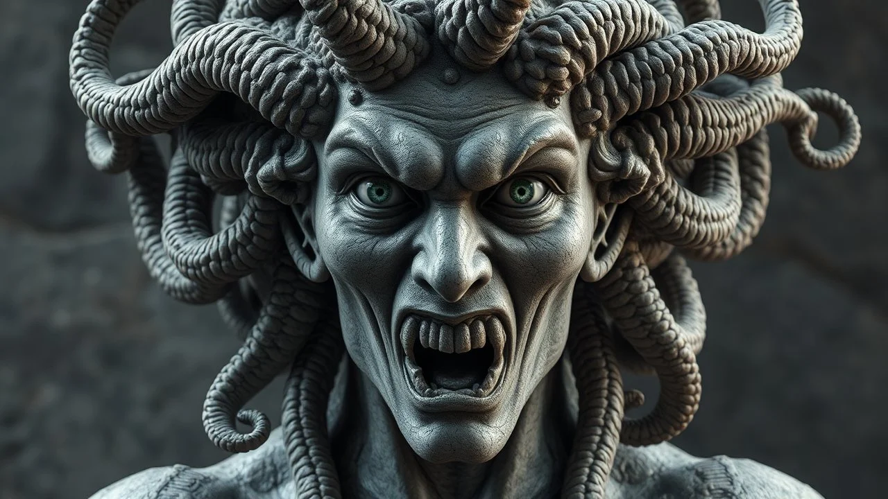 Sinister Medusa with writhing serpent hair, piercing gaze, ancient Greek statue come to life, highly detailed stone texture, dramatic lighting, mythological horror, ultra-realistic render