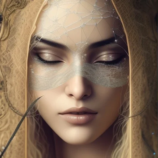 woman asleep on satin pillow with spiderwebs on face and mascara running down face, gothic, 8k, high-quality, fine-detail, intricate, sharp, crisp, digital art, detailed matte, illustration, octane render, brian froud, howard lyon, Anne Dittman, Anne Stokes, Lisa Parker, Selina French