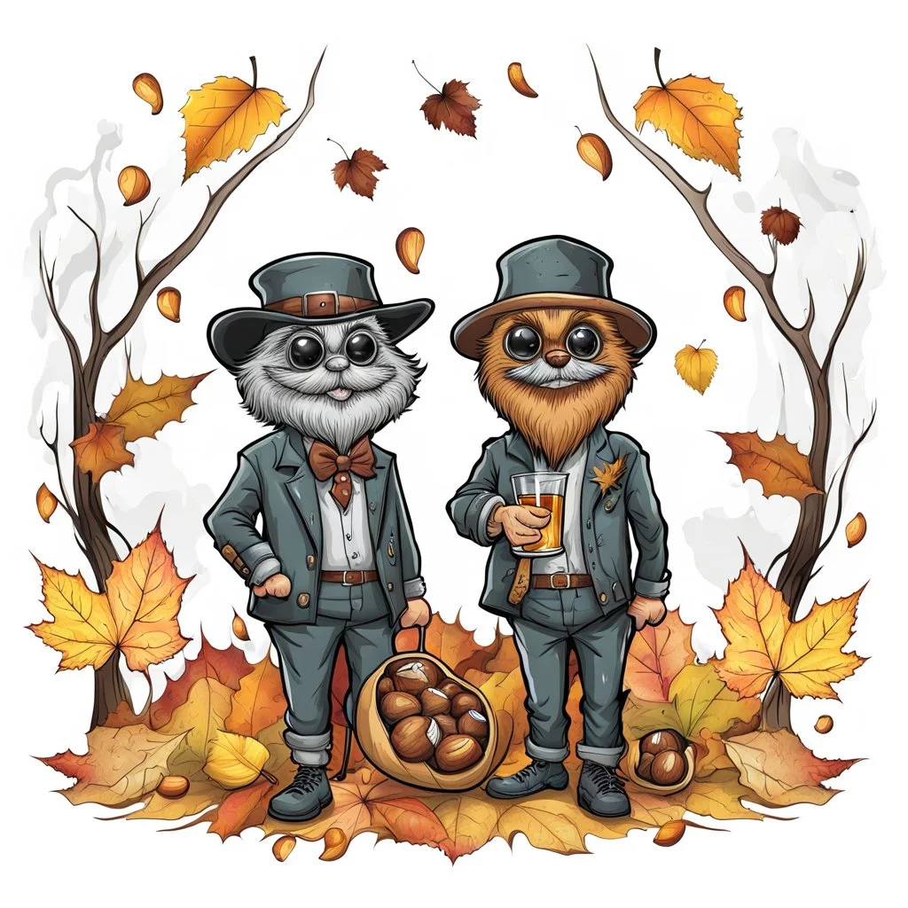 logo design , dark haunting caricature line art with alcohol ink from 3 weird, crepy cute, crazy chestnuts sitting next to each other on the autumn leaves, detailed, cinematic, comic, vector graphic, dark crepy mood, transparent background