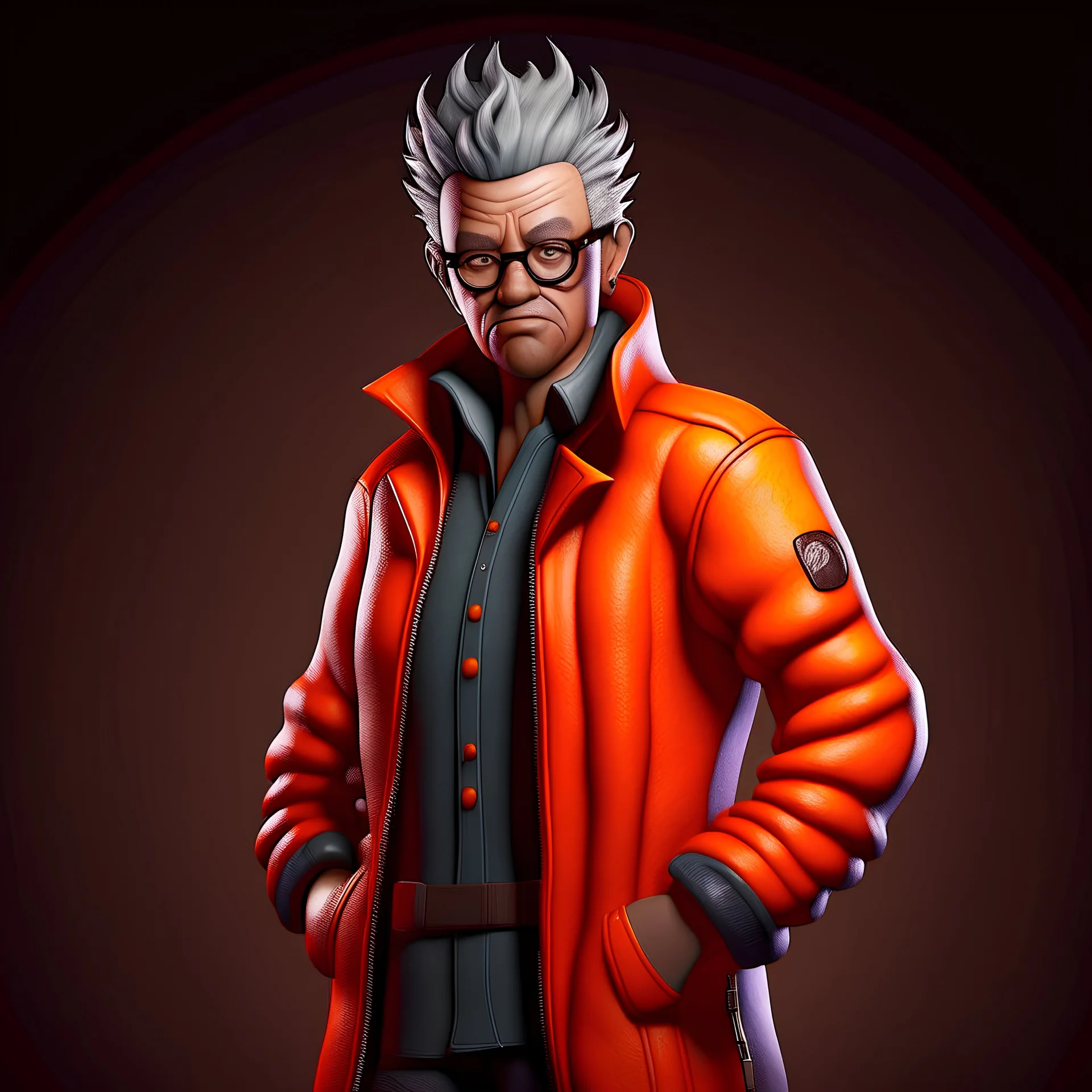 mafia leader, opaque black glasses, orange jacket, spiky hair, (short beige hair:1.2), realistic, full body view, epic pose, realistic