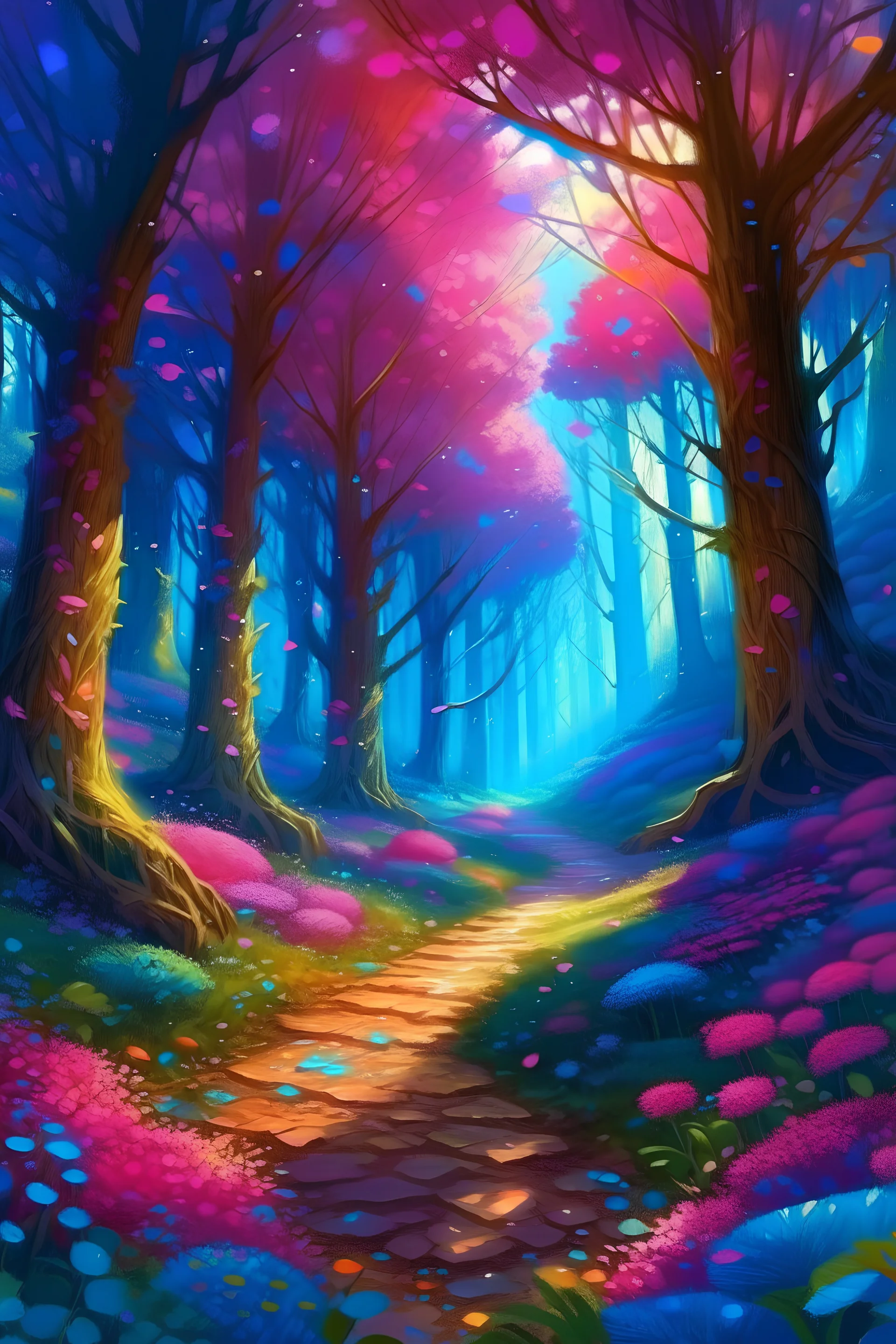 A sparkling forest path is seen running through the middle of the forest, with huge trees filled with bright pink, violet and blue leaves. Very small, writhing globules rising from plants The story begins in an amazing magical forest with huge, sparkling trees and bright flowers dancing in the breeze.