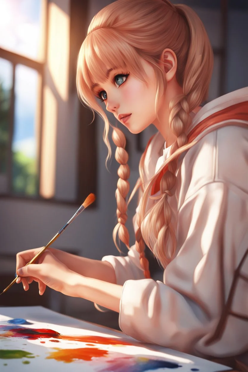 8k quality realistic image of a beautiful anime girl, she is painting on a canvas, artist, up close, 3d