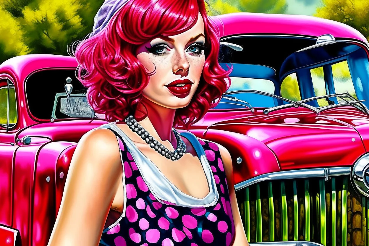 digital glossy airbrush realistic painting of a woman with fuscia pink wavy bob hair style with bangs, red lips, long lashes, wearing pearl jewelry, black and white polka dot dress, bare feet leaning on an old rusted Ford pickup truck, old rustic red barn in the background with redbud trees, with vibrant colors, glitter overlays, and bokeh effects, incorporating iridescent elements and a highly textured style to create an ethereal atmosphere.