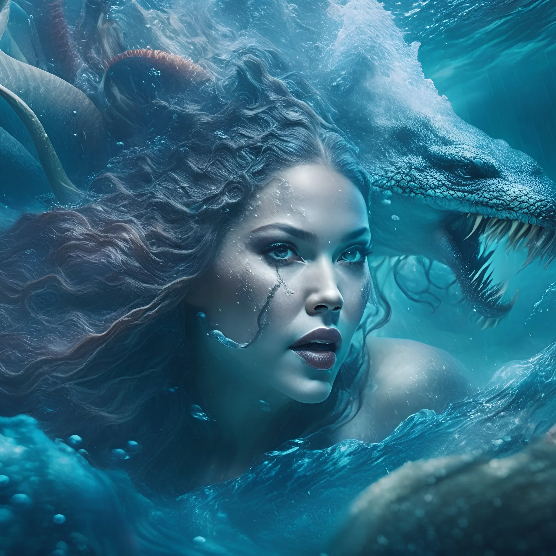 Close-up Gorgeous Triton woman fighting Kraken under water in dark cloudy water