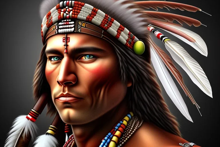  native american face, Muscular warrior, three red feathers headband, holding spear