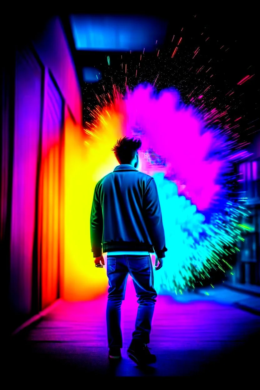 Young man walking away from a building that is exploding at night, with coloured auras all around him