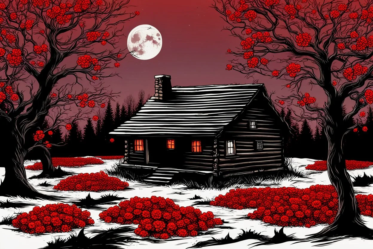 Creepy trees, creepy night, moon, cabin, red flowers, background pc