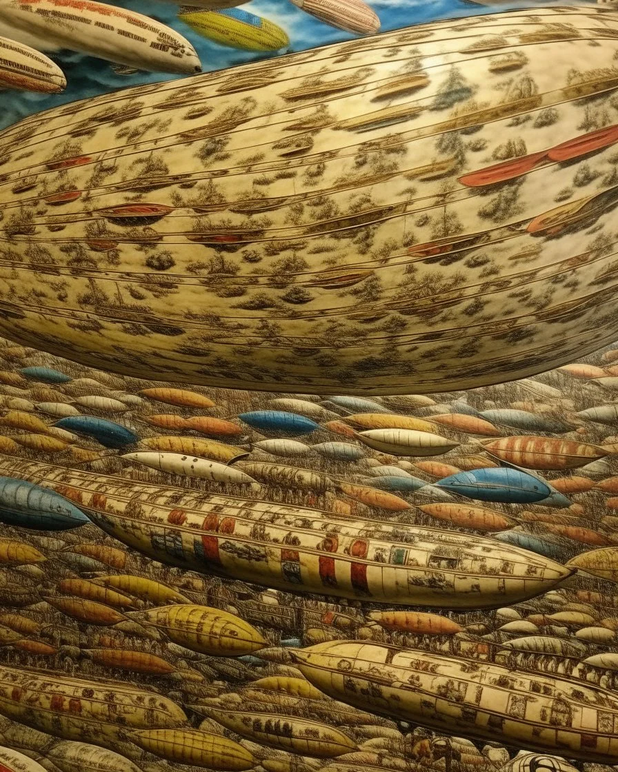 A flesh colored fleet of airships in the sky designed in Matryoshka dolls painted by Jackson Pollock