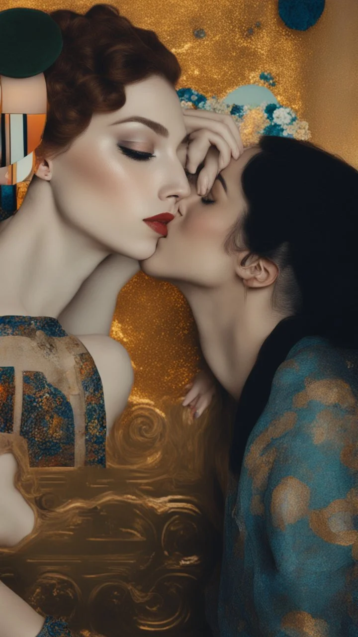 Masterpiece, fine art, award winning, "like Gustav Klimt : the Kiss in a chair" 2 w, RAW photo, eye candy in the style of (petra collins::Robin Eley:1.5), (Suhaila Ben Lachhab::Heidi Moussa:1.5) in breathtaking cinematic shot (full body shot, from below angle) that emphasizes the stunning cheek bones, texturized black hair,(big detailed eyes:1.5) (cottagecore aesthetic:5) with extreme sensuality, Irresistible with (porcelain skin:4.8), sitting on an old chair, retro vintage style