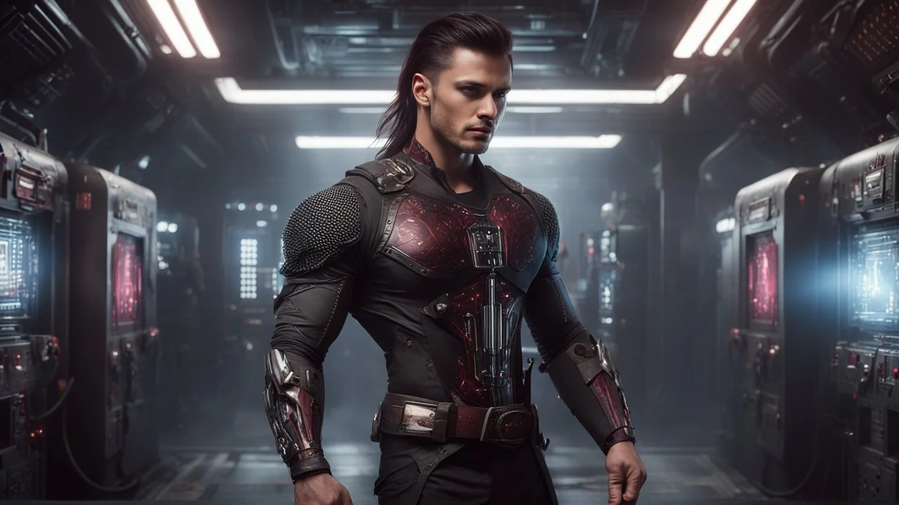 Hyper Realistic Young handsome muscular man with-short-black-hair & a soul patch wearing a skintight black long sleeve shirt cybernetic armor utility belt has weapons on it dancing with a beautiful-lady-with-long-maroon-hair wearing-circuit-patterned-gown in an underground control room with cinematic & dramatic ambiance"