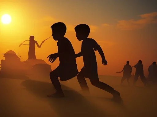 children playing on the Indian street capture them against the sun and make an art silhouette, details, sharp, 8k