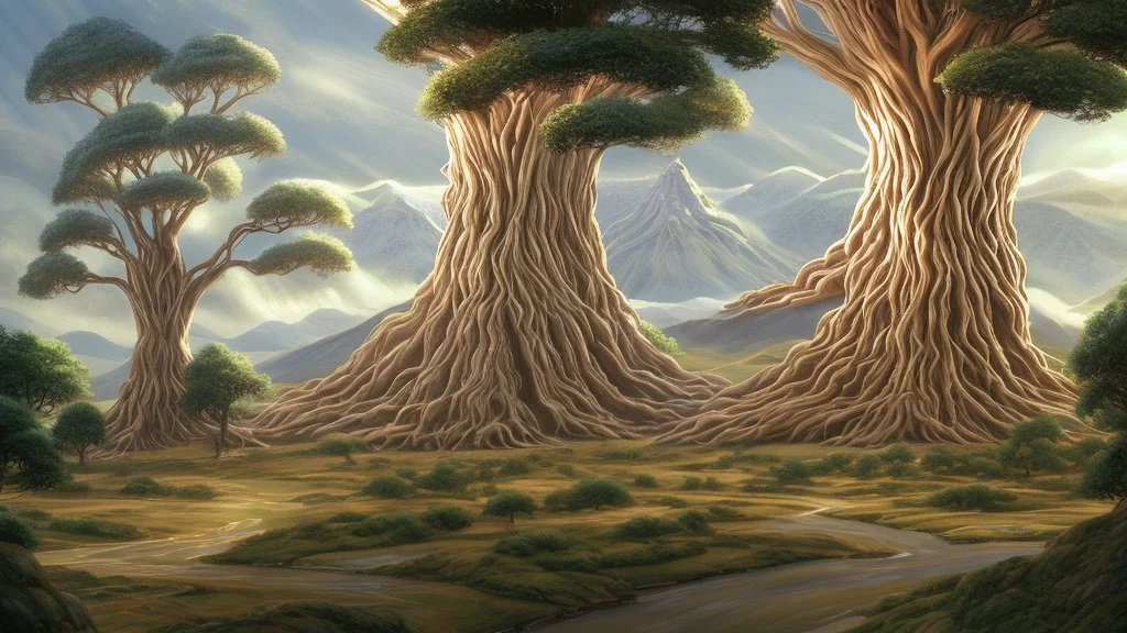 Valinor, tolkien, two giant trees, one giant golden tree, one giant silver tree, surrounded by a giant white castle.
