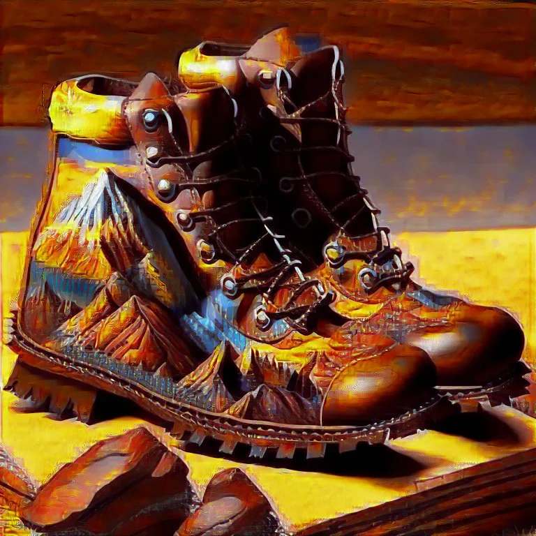 brown moutain shoes, art, acrilyc colors, bright, masterpiece, realistic