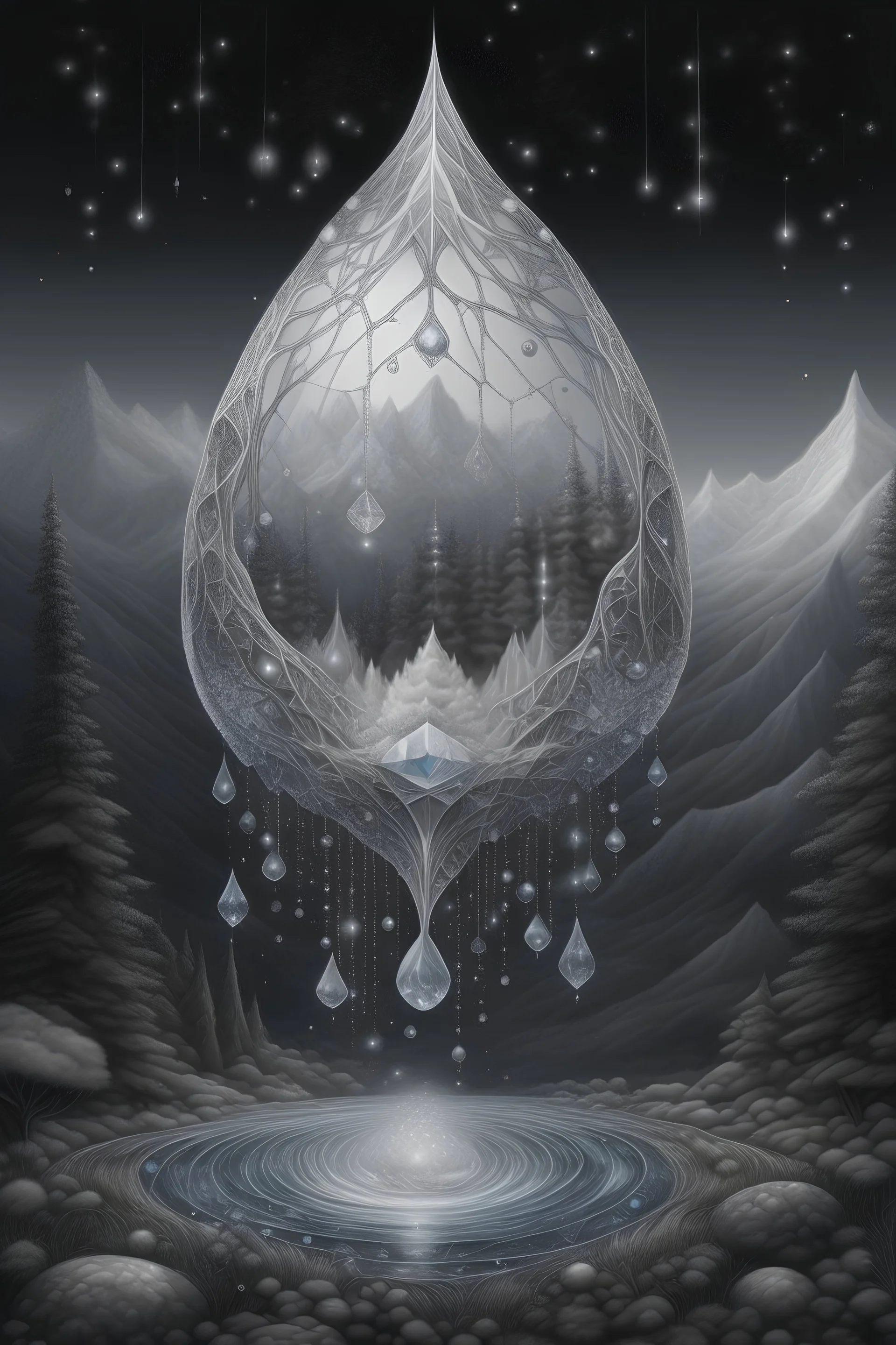 crystal silver, raindrops, steampunk, fantasy, epic,fabulous,cosmic,hyperrealistic,microdetalization, monograms, surreal,drawing details,clear outline,color illustration, aesthetically pleasing,stardust, mystical landscape, curved trees, detailed,3d,threads,fibers, star map,milky, white,mint,opal,moon, lake, mountains,fantastic multicolored flowers, voluminous, whirlpools in the sky, fog,white haze, crystal