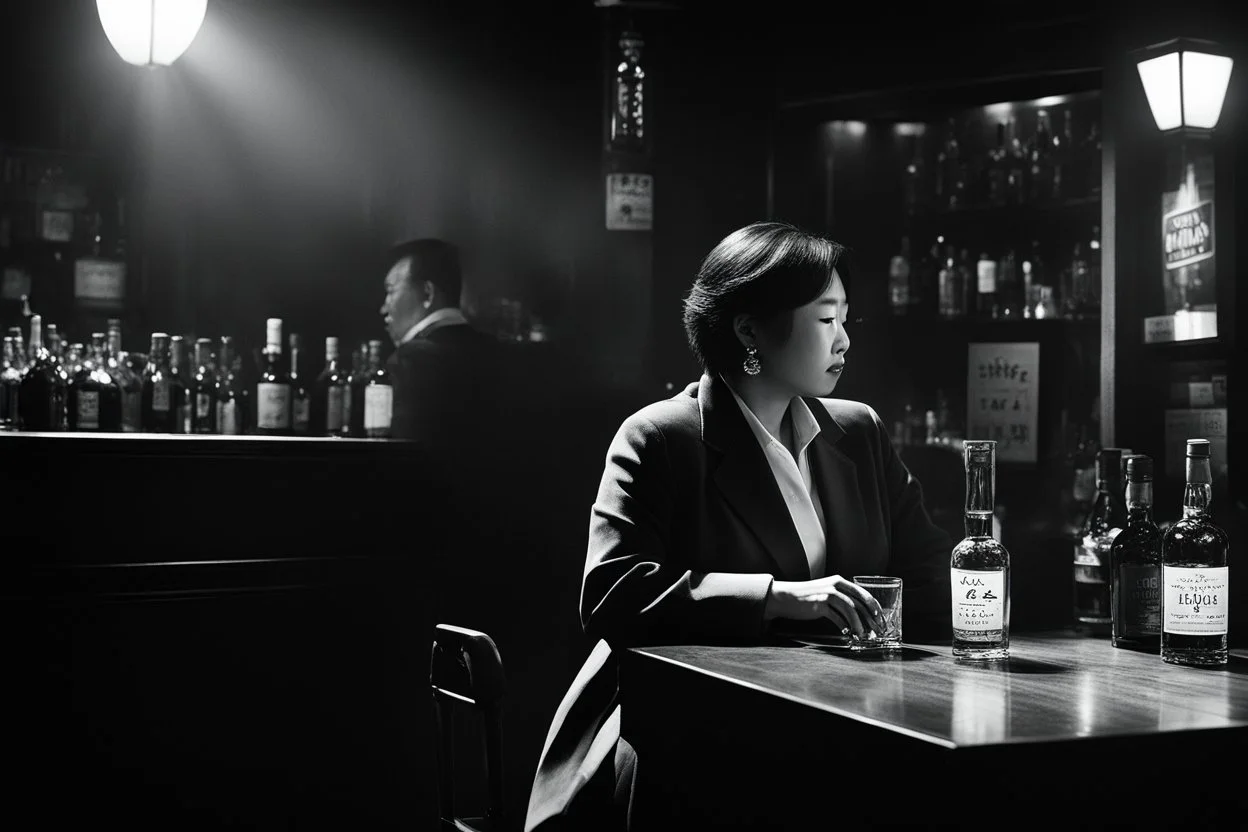 black and white picture of Theresa Hak Kyung Cha, a solitary figure in the shadows and the fumes of the jazz bar, the scene unfolds before you like a carefully crafted tableau. The air is thick with the mingling scents of tobacco and aged whiskey, accompanied by the rhythmic clinking of glasses and the soft murmur of conversation. The dim lighting casts long shadows across the room, lending an air of mystery to the space.