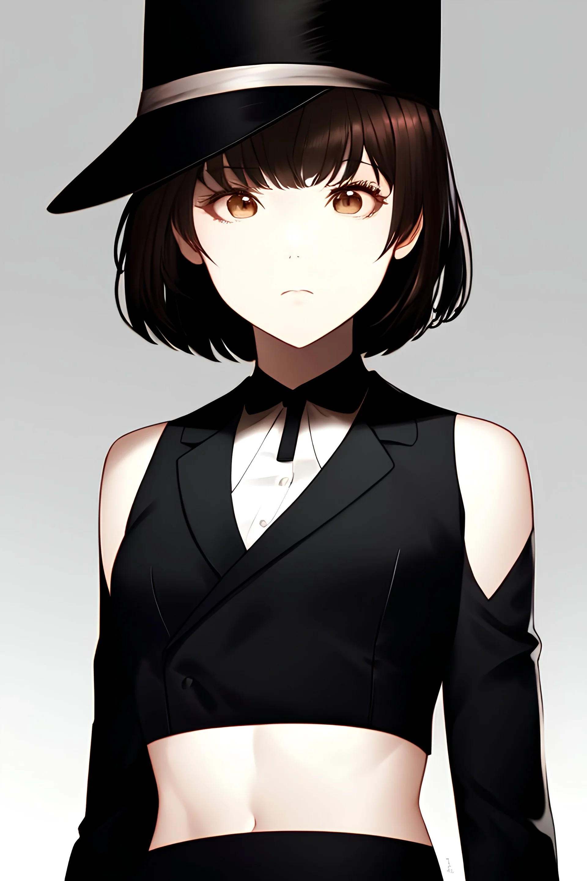 [[extreme stunning photorealistic anime girl Oppenheimer J. Robert]] :: [[photorealistic brown eyes, brown short hair, head and shoulders portrait, grey background colors, neutral expression, wearing black and grey business suit, black hat, 8k resolution photorealistic portrait by Yoshiyuki Sadamoto, Kentaro Miura, Naoki Urasawa, lighting, hyperdetailed, intricately detailed]]