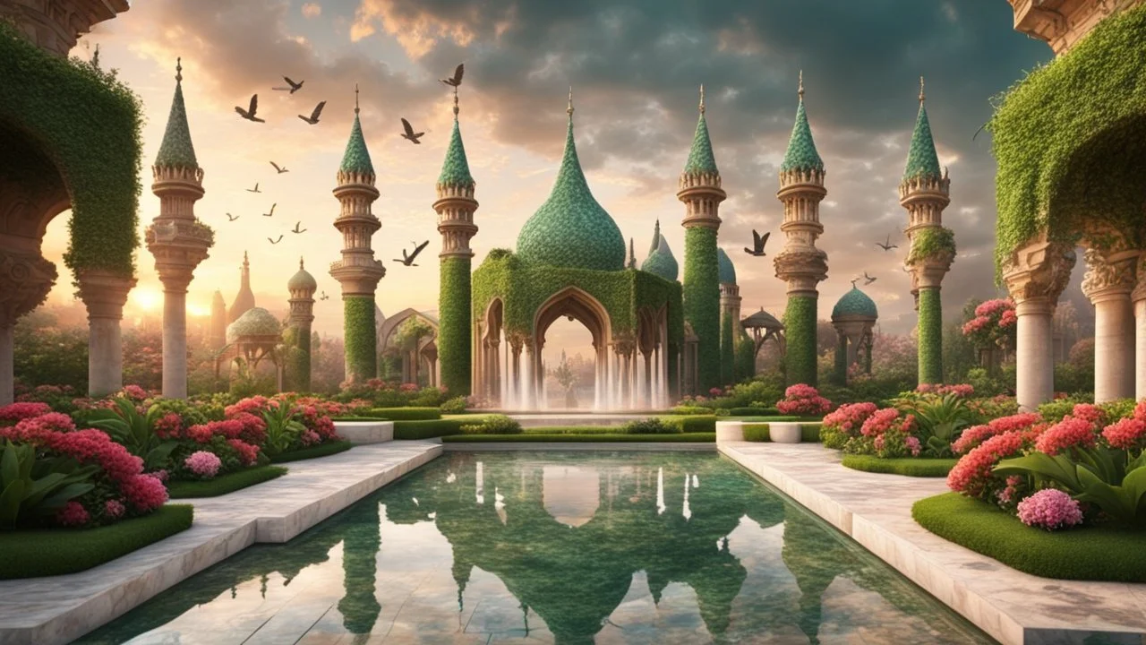 Hyper Realistic Huge Green-Bricked & beautifully-crafted-Brown-minarets & marble-flooring in a huge beautiful flower-garden with grass-arches & water-fountain & pigeons flying at cloudy sunset showing dramatic & cinematic ambiance