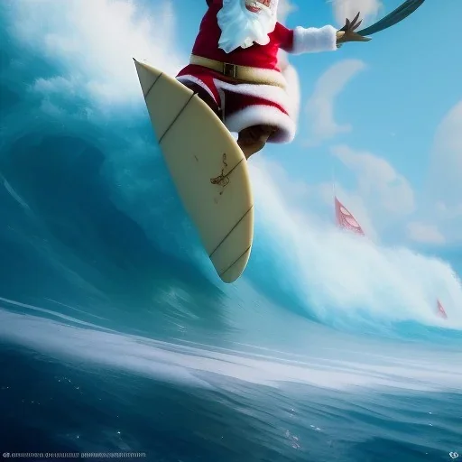 Santa standing of surfboard surfing a big wave, empty hands, beach, character design by cory loftis, fenghua zhong, ryohei hase, ismail inceoglu and ruan jia. unreal engine 5, artistic lighting, highly detailed, photorealistic, fantasy