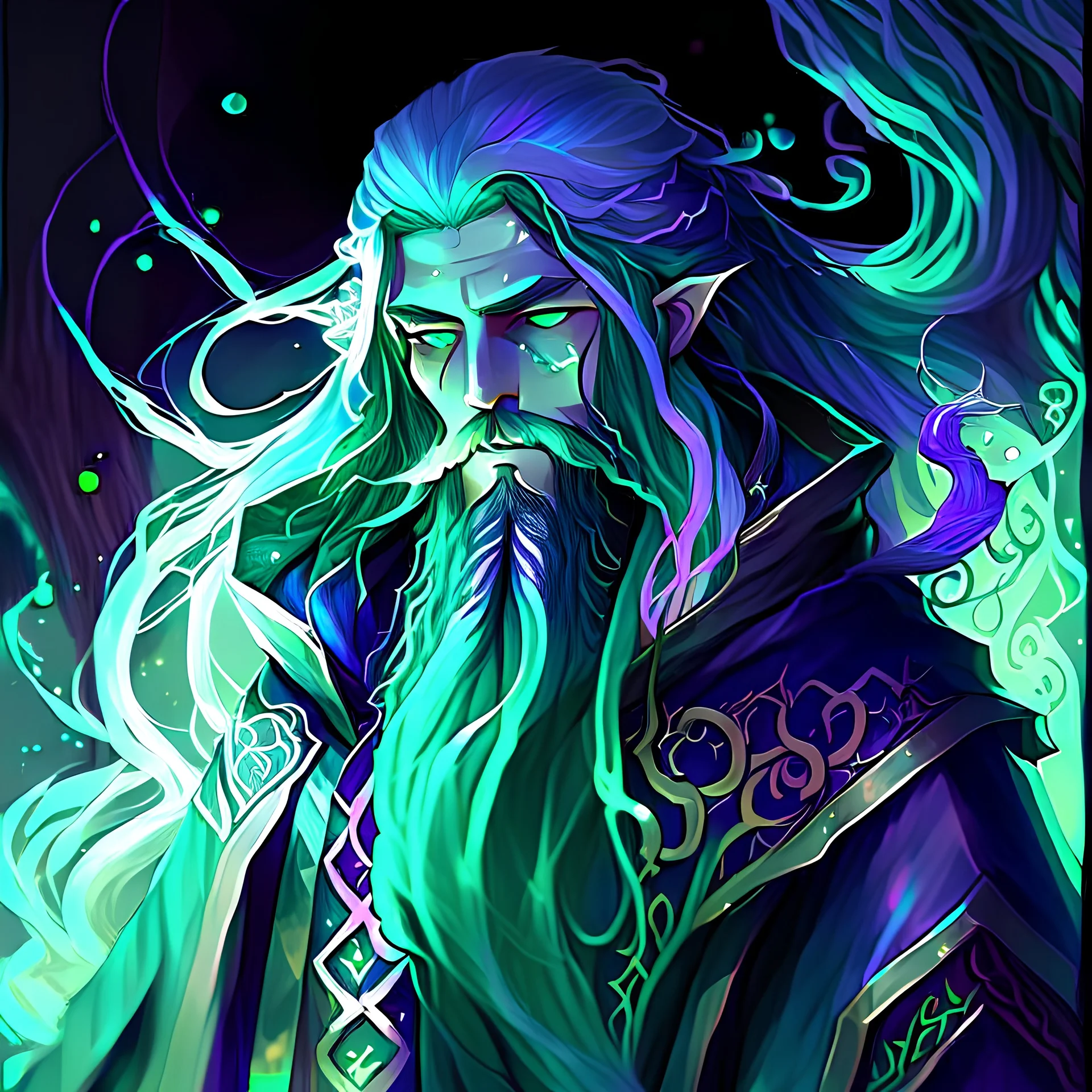 a fantasy image of a man in an anime style, the man has long flowing green hair and his eyes are dark blue, he is wizard like with a beard and wearing resplendent mystical robes. Gradient color scheme