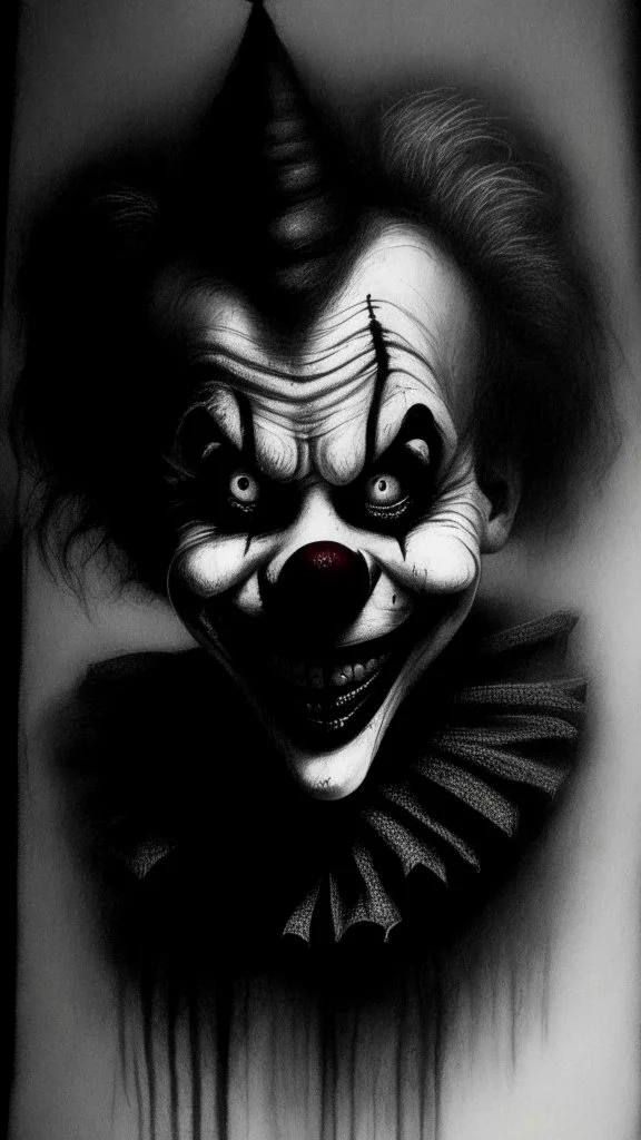 pencil drawing of clown, Spooky, scary, halloween, black paper