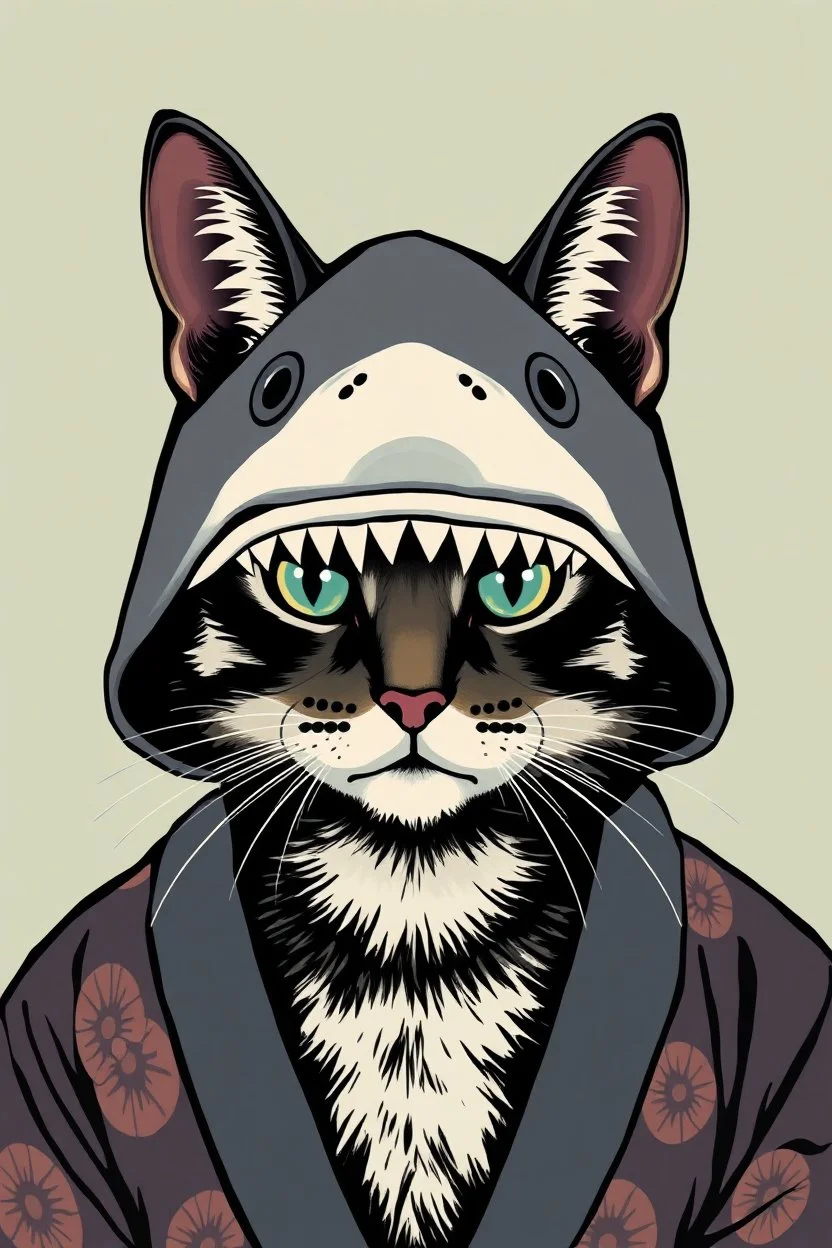cat with shark mask hat solana japanese style in the style of warhol