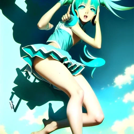 Anime art of beautiful Hatsune miku with beautifel legs by artgerm, ross tran, magali villeneuve, Greg Rutkowski, Gil Elvgren, Alberto Vargas, Earl Moran,, Art Frahm, Enoch Bolles