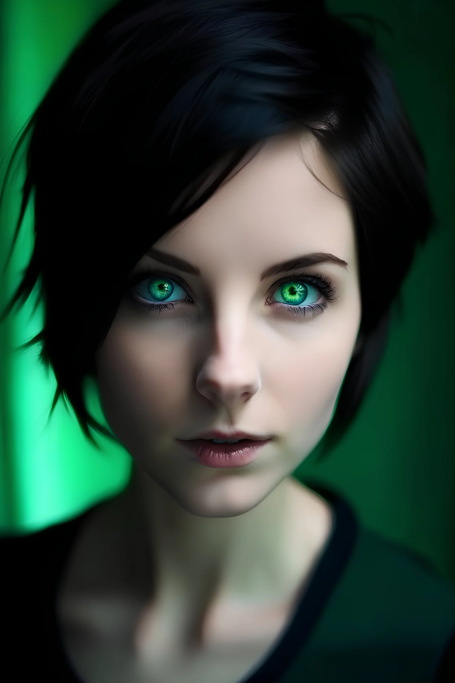 1 short hair 2 green eyes 3 dark hair