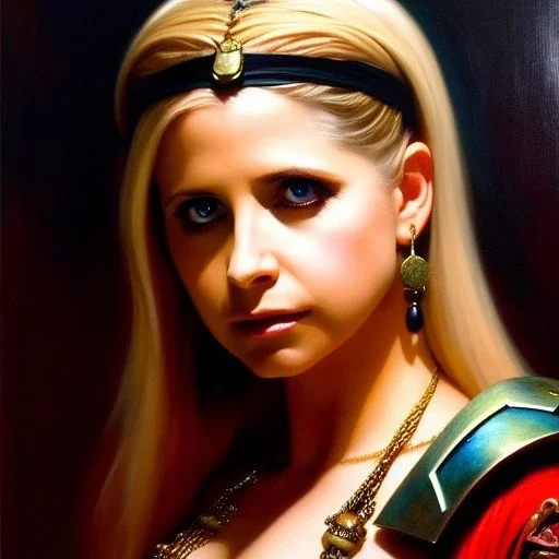 portrait beautiful face Buffy Summers - Buffy The Vampire Slayer,busty,ancient metal armor balanciaga fashion clothe painting by gaston bussiere, greg rutkowski, yoji shinkawa, yoshitaka amano, tsutomu nihei, donato giancola, tim hildebrandt, oil on canvas, cinematic composition, extreme detail,fit full head inside picture,16k