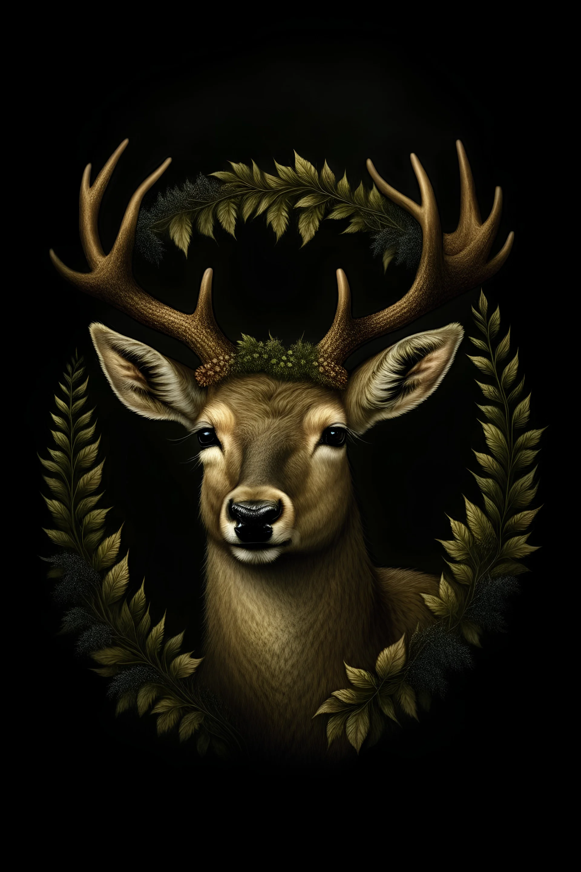 Retrato de um cervo em estilo medieval com uma coroa de flores