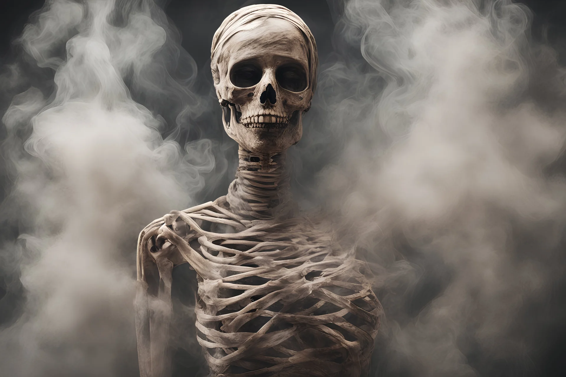 Woman mummy skin covered skeletonshape in art with smoke фото реалистично